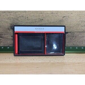 Rare- Guess Men’s Leather Wallet Bifold And Card Case Set Black NEW Gift Box